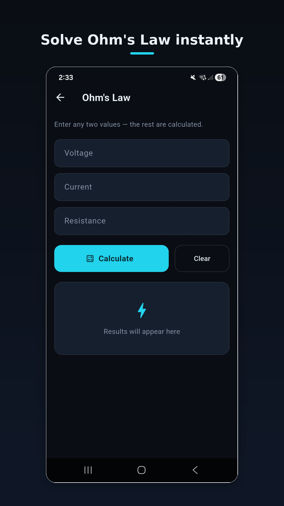 Ohm's Law calculator solving for voltage, current and resistance