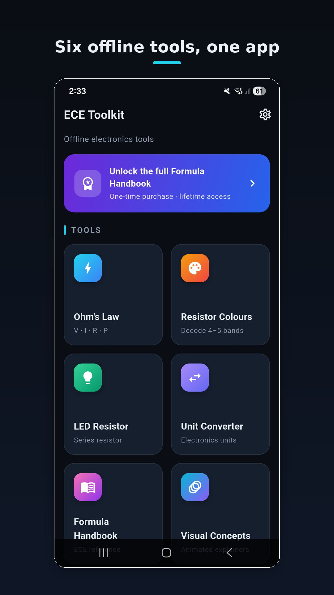 ECE Toolkit home screen showing six offline tools