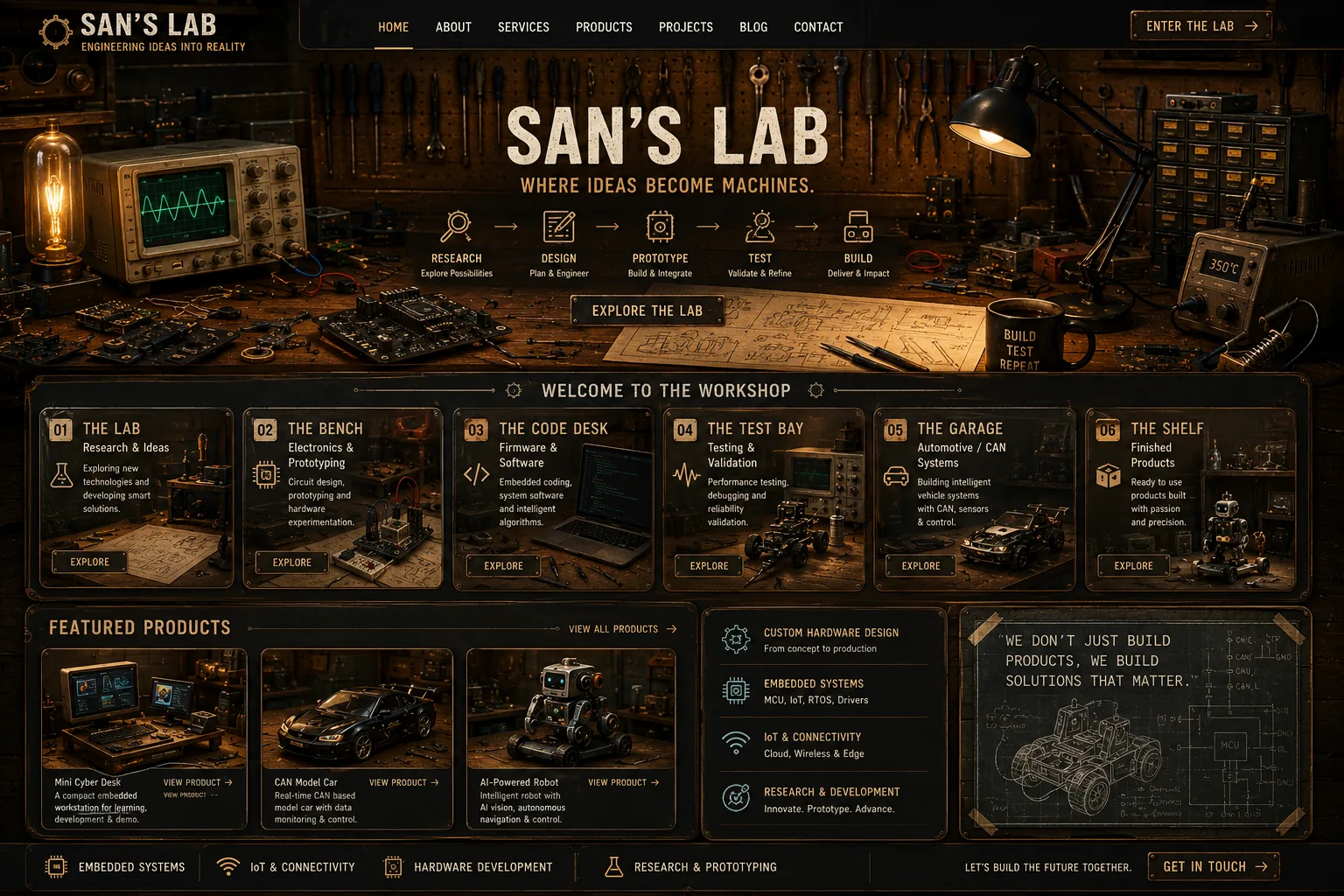 The real San's Lab workbench: oscilloscope, Edison bulb, circuit boards and blueprints